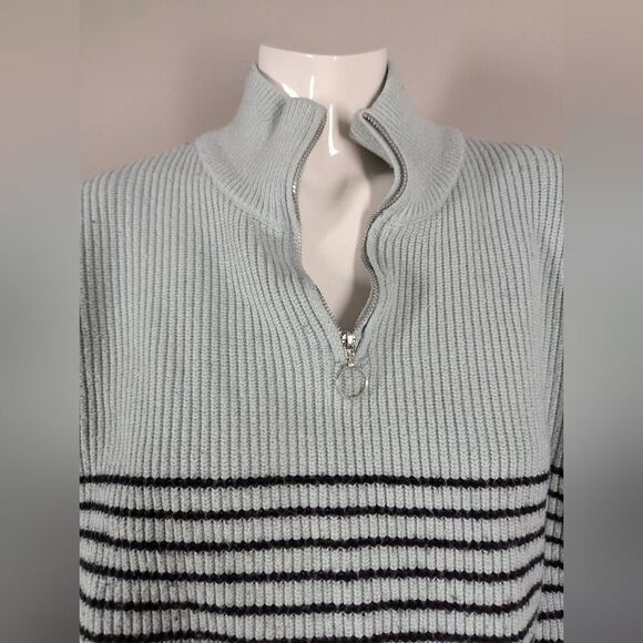 Joan Vass Striped Half-Zip Sweater M Boxy Fit Cropped Classic Knit - Picture 6 of 7